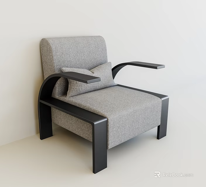 Modern Single Sofa With Gray Fabric Upholstery And Black Frame Armrests 3d model