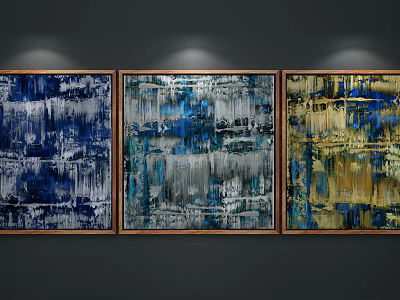 Three Abstract Paintings With Blue Gray Yellow Tones Striped Brush Textures Wooden Frames Black Wall 3d model