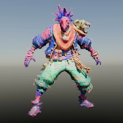 Game and Movie Character Featuring Pink Head Colorful Outfit Tattered Style Rope Belt And Decorations 3d model