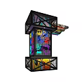 Colorful Art Installation With Black Frame Peace Symbol And Lips Design