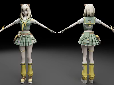 Anime Character Model Front Back View with Green White Outfit Short Skirt Yellow Boots 3d model