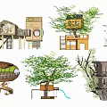 Creative Wooden Tree House Designs With Slide Hammock And Platform Structures 3d model