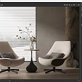 Casual Leisure Seating Set with Two Chairs Round Table Gray Cushions Vase Plants Wooden Floor Stone Wall Window Blinds