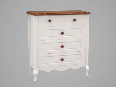 White Wooden Chest of Drawers with Brown Top Round Knobs and Curved Legs 3d model
