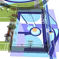 Modern UNIPARK Basketball Court Design With Blue Orange Court And Surrounding Greenery Fencing