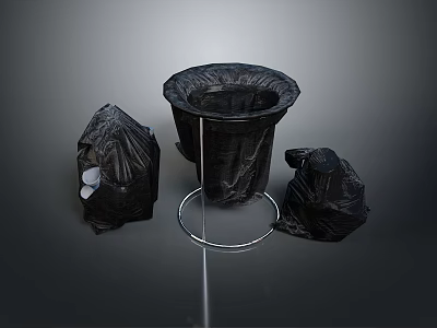 Black Trash Can With Metal Stand And Disposable Bags For Household Supplies 3d model