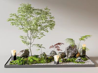 Natural Lush Indoor Landscape with Tree Rocks Moss Ferns and Lanterns 3d model