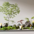 Natural Lush Indoor Landscape with Tree Rocks Moss Ferns and Lanterns