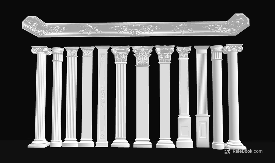 Classical Roman Columns With Carved Entablature In Various White Styles 3d model 