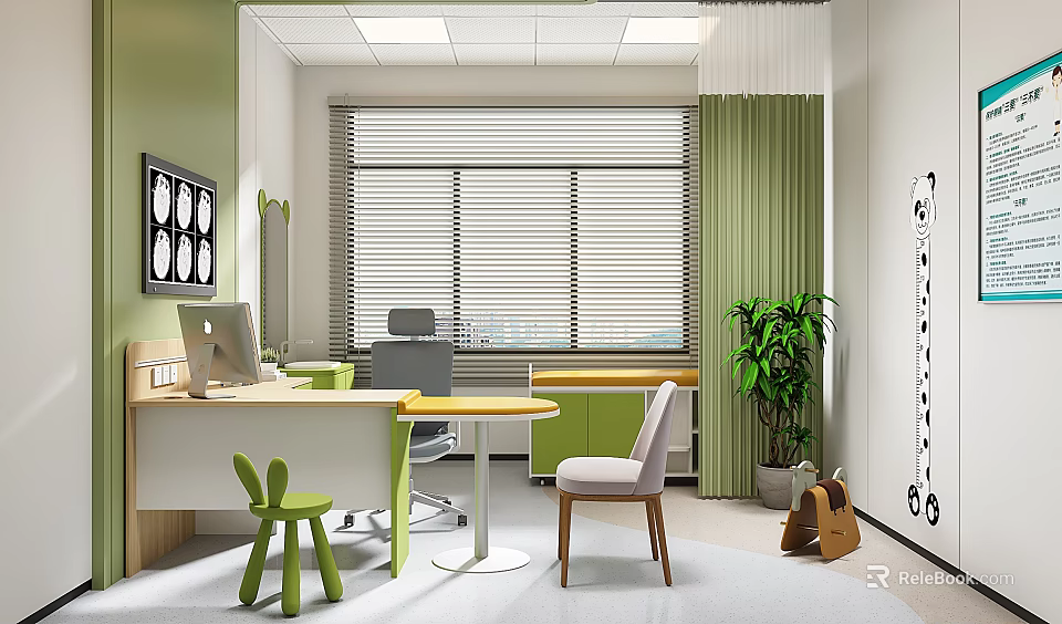 Light Green Kids Study Space With Laptop Desk Chairs Windows Blinds Curtains And Plant 3d model 