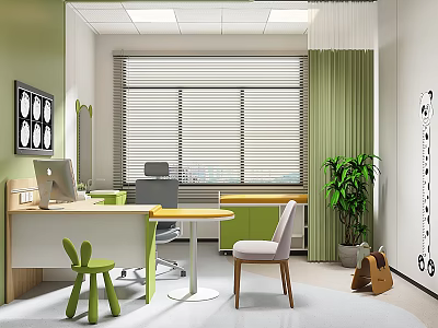 Light Green Kids Study Space With Laptop Desk Chairs Windows Blinds Curtains And Plant 3d model