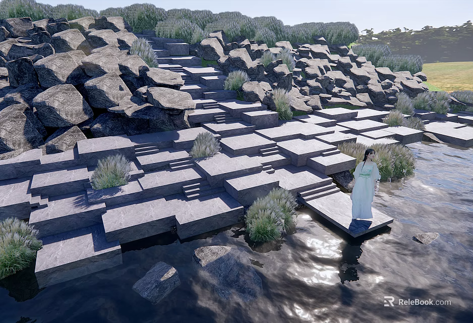 Waterfront Landscape With Stone Steps Grass And White Robed Figure By Water 3d model 