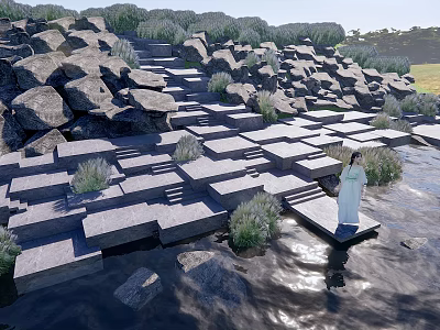 Modern park waterfront space height difference step landscape stone beach ecological river water platform wild interest stream 3d model