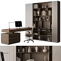 Modern Wooden Office Desk And Chair Set With Bookshelf And Computer Monitor