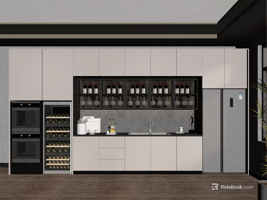 Modern Wine Cabinet In Contemporary Kitchen With White Cabinets Refrigerator And Oven 3d model 