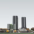 Vibrant Commercial Street With High Rise Towers And Low Rise Shops Featuring Mixed Styles