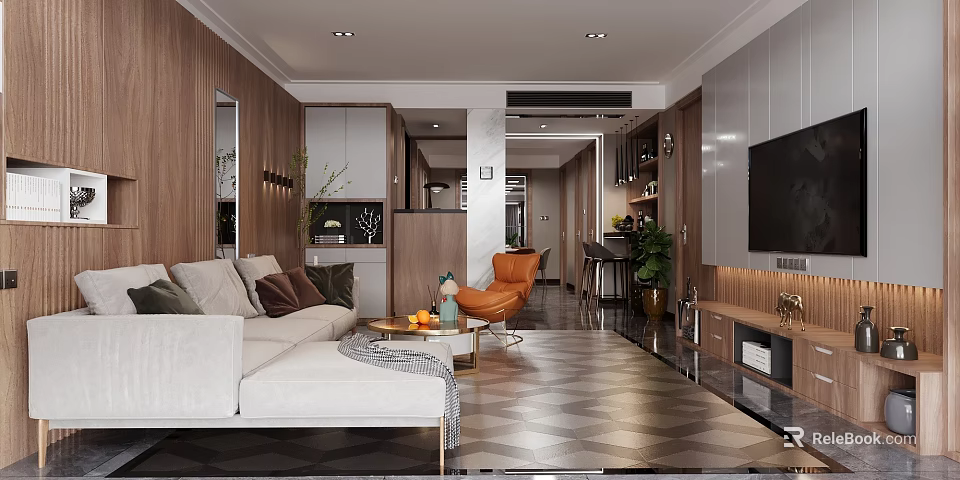 Modern Living Dining Room Interior With Sofa Orange Chair Coffee Table TV And Checkerboard Floor 3d model 