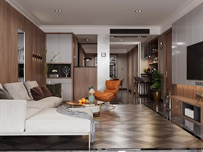 Modern Living Dining Room Interior With Sofa Orange Chair Coffee Table TV And Checkerboard Floor 3d model