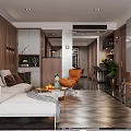 Modern Living Dining Room Interior With Sofa Orange Chair Coffee Table TV And Checkerboard Floor