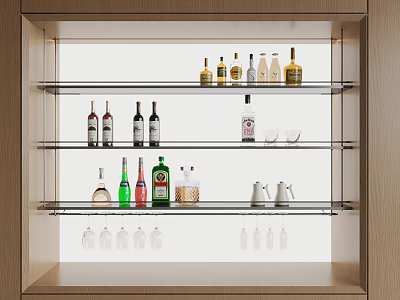 Modern Wine Rack With Glass Shelves Holding Assorted Wine Bottles And Glasses 3d model