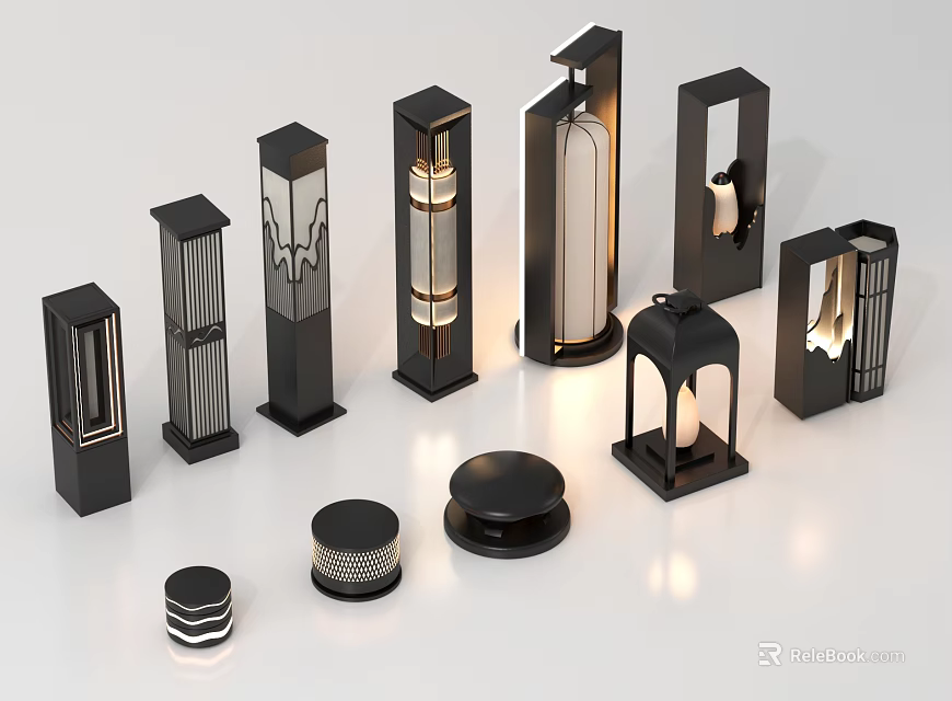 Various Designs of Outdoor Lights with Black Metal Frames and Decorative Shapes 3d model 