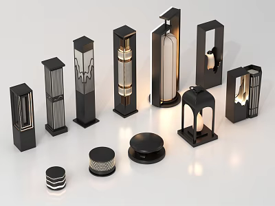 Various Designs of Outdoor Lights with Black Metal Frames and Decorative Shapes 3d model