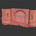 Medieval Castle Gate With Stone Walls Arched Entrance Wooden Door And Flanking Towers