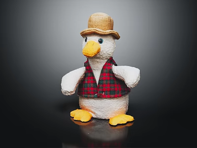 Wooden Chair With Stuffed Duck Toy Wearing Straw Hat And Plaid Vest 3d model