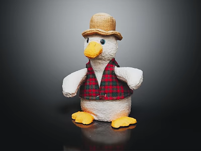 Wooden Chair With Stuffed Duck Toy Wearing Straw Hat And Plaid Vest 3d model