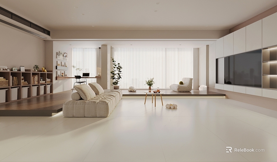 Modern Open Living Room Interior With Beige Sofa Coffee Table And Floor to Ceiling Windows 3d model 