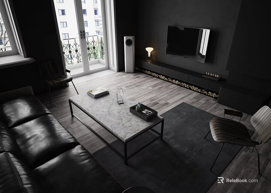 Modern Living Room With Black Leather Sofa Marble Coffee Table And Wall Mounted TV 3d model 