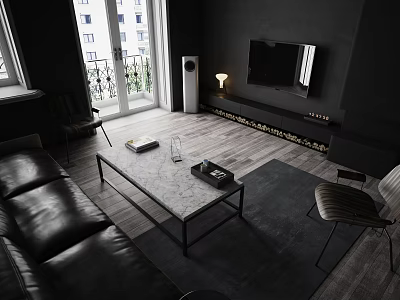 Modern Living Room With Black Leather Sofa Marble Coffee Table And Wall Mounted TV 3d model