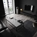 Modern Living Room With Black Leather Sofa Marble Coffee Table And Wall Mounted TV