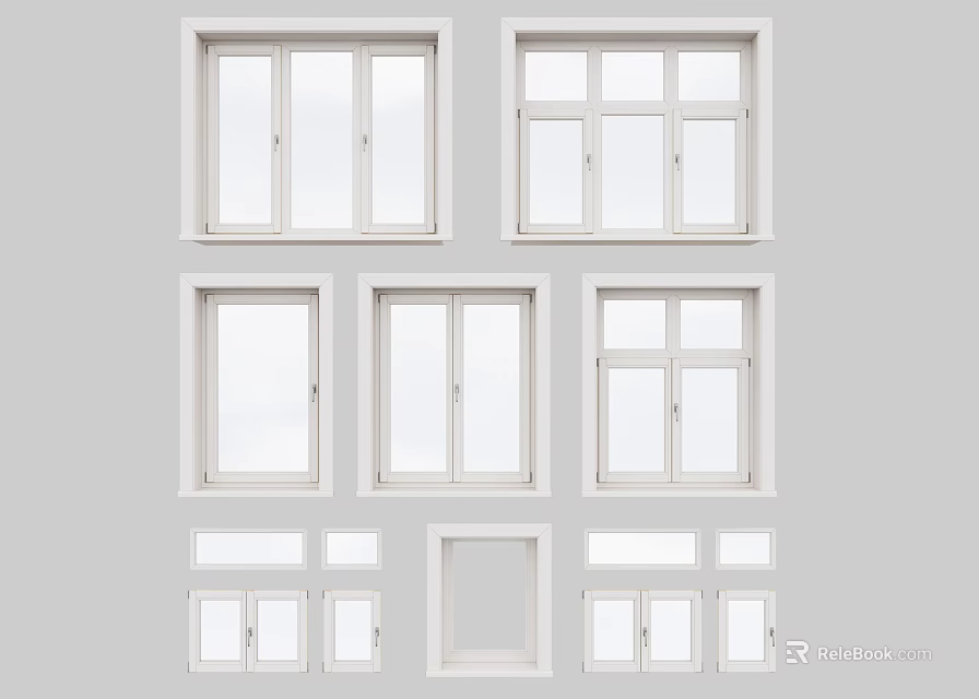 Different Styles Of Casement Windows With Multiple Panels And White Frames 3d model 
