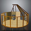 Circular Wooden Building With Open Interior Fireplace Sloped Roof And Railing