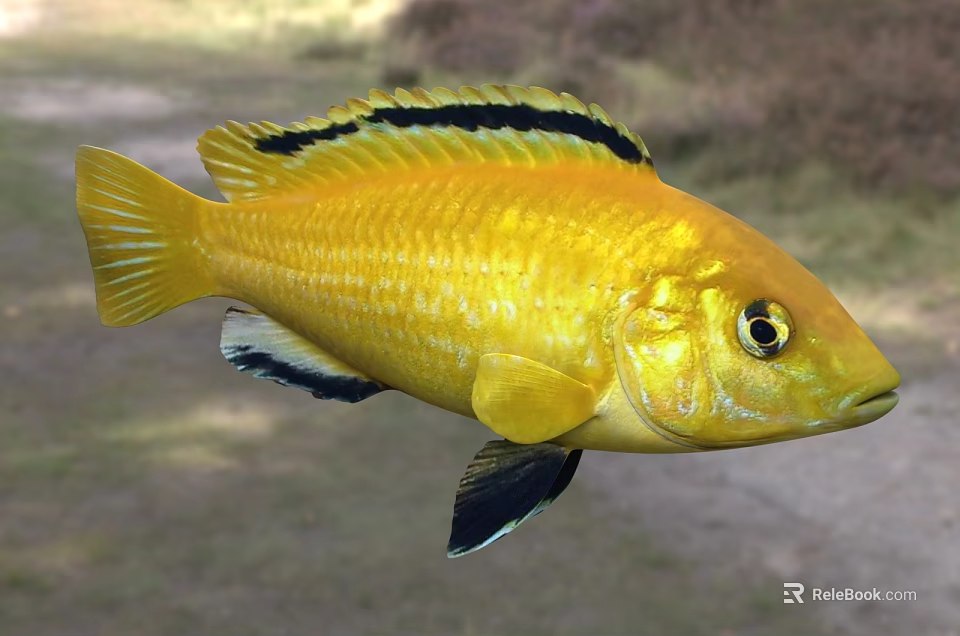 Striking Yellow Aquatic Fish Displaying Black Stripes Distinct Black Fins And Bright Eyes 3d model 