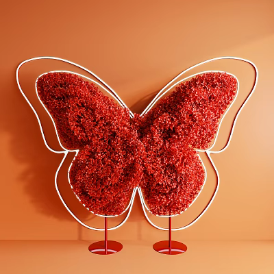 Red Petal Butterfly Shaped Art Installation With White Neon Outline On Orange Wall 3d model