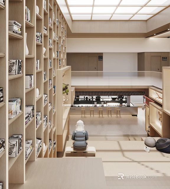 Modern Two Story Interior With Bookshelves Staircase And Seating Areas 3d model 