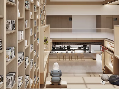 Modern Two Story Interior With Bookshelves Staircase And Seating Areas 3d model