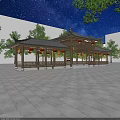 Traditional Chinese Garden Landscape featuring Wooden Pavilion Red Lanterns Trees and Starry Night Sky