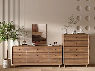 Modern Wooden Entryway Cabinet And Side Cabinet Interior With Circular Wall Decor And Green Plant 3d model