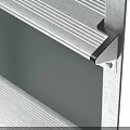 Silver Metal Folding Ladder With Four Steps And Black Handrails Near Light Green Cube