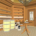 Wooden Wine Cellar Style Café Interior With Wine Racks Barrel Round Table And Chandelier