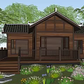 Wooden Detached House with Dark Roof Front Porch Railing Surrounding Trees and Stone Pathway