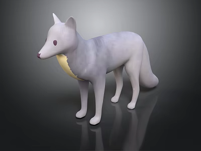 White Fox 3D Model Standing With Yellow Belly On Black Background And Reflection 3d model