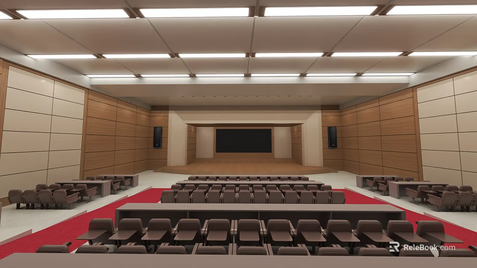 Modern Conference Room Interior With Rows Of Seats Large Projection Screen And Ceiling Lighting 3d model 