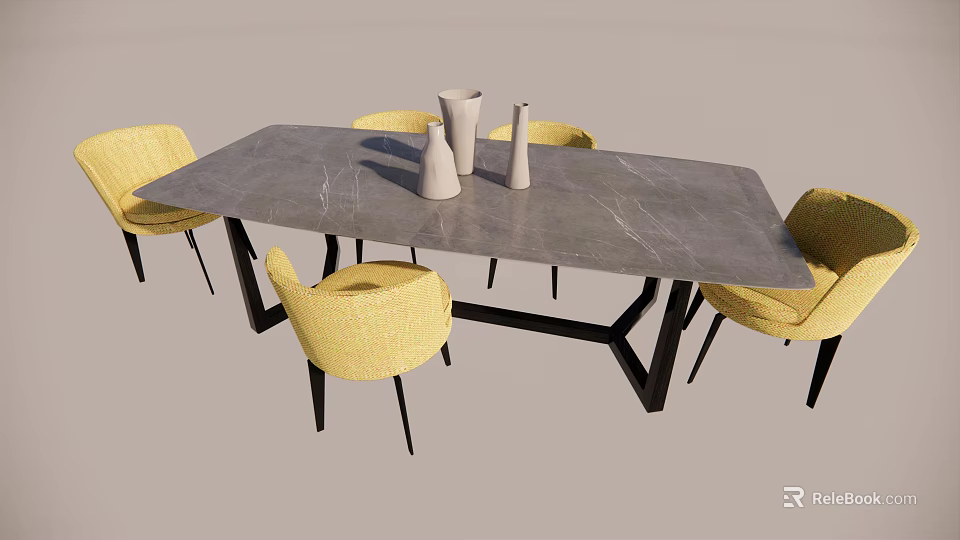Modern Dining Table Set With Gray Top Yellow Chairs And White Vases 3d model
