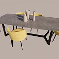 Modern Dining Table Set With Gray Top Yellow Chairs And White Vases 3d model