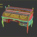 Ornate Antique Writing Desk With Red And Gold Inlaid Designs And Decorative Details