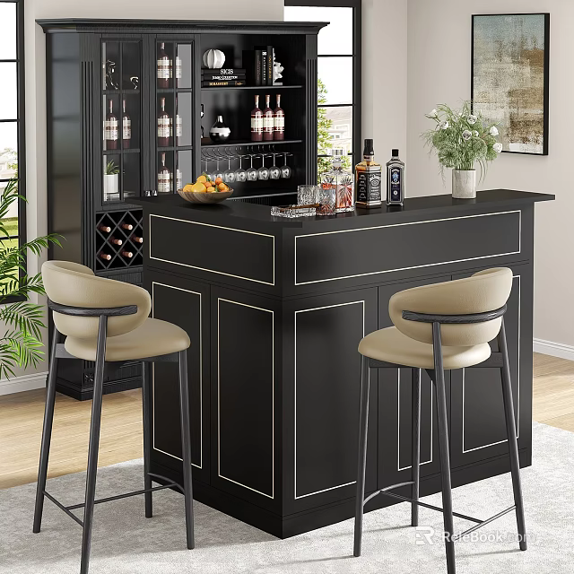 Black Bar Counter With Beige Stools Fruit Wine Bottles Decorations Wine Cabinet And Green Plants 3d model 